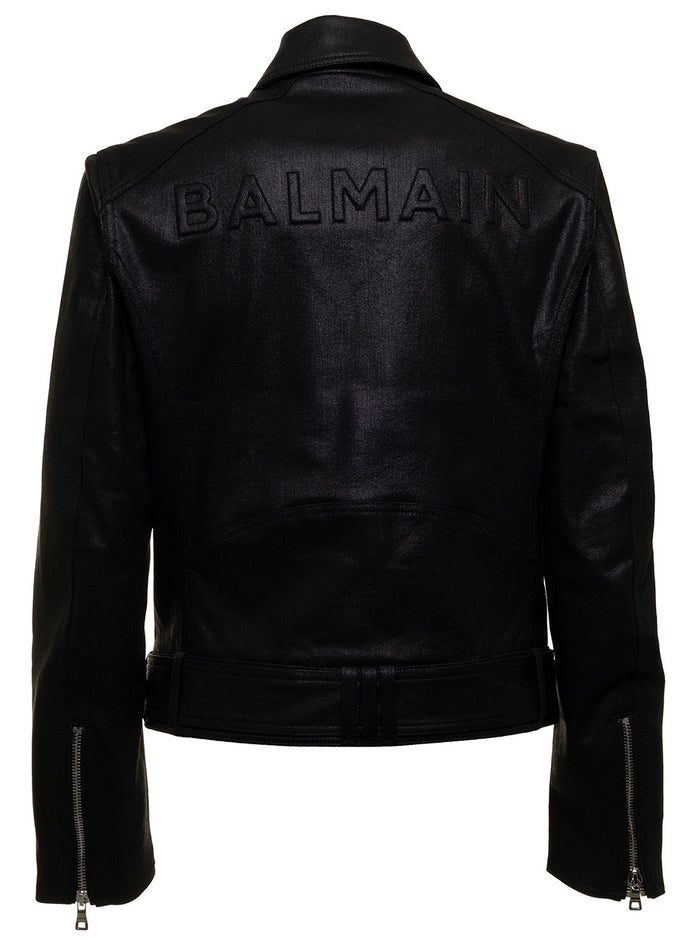 Balmain Mans Black Biker Coated Fabric Jacket