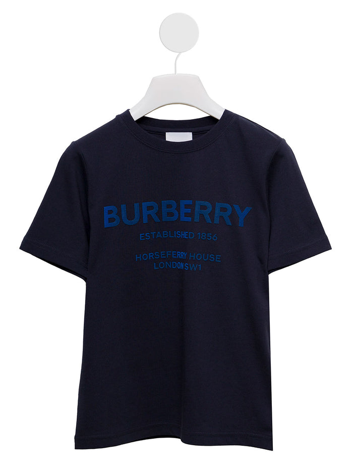 Burberry Kidss Blue Cotton T-Shirt With Logo Print Blu Tshirts And Polo Shirts