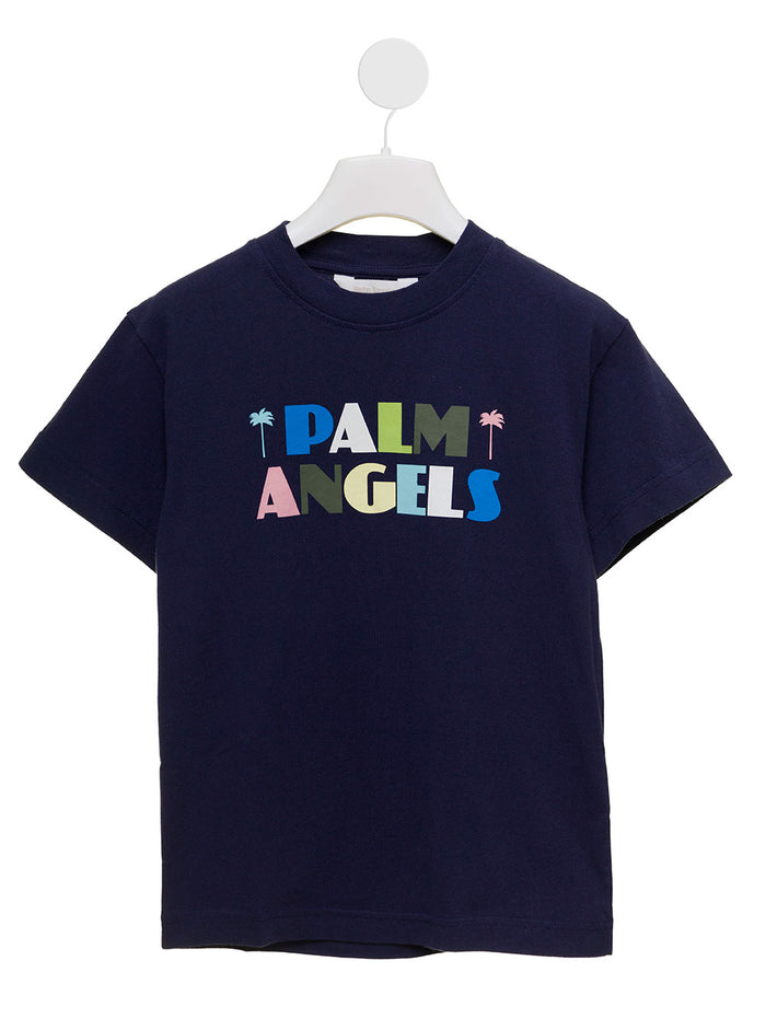 Palm Angels Kids Boys Blue Cotton T-Shirt With Logo Print Blu Tshirts And Polo Shirts