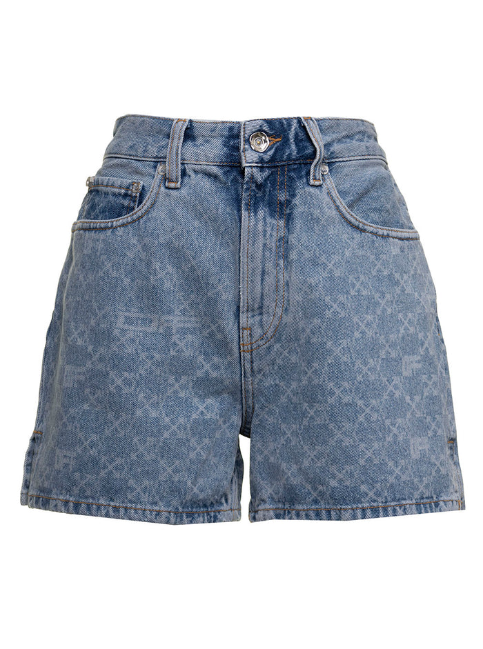 Off White Womans Monogram Denim Shorts Blu Cotton And Bermuda