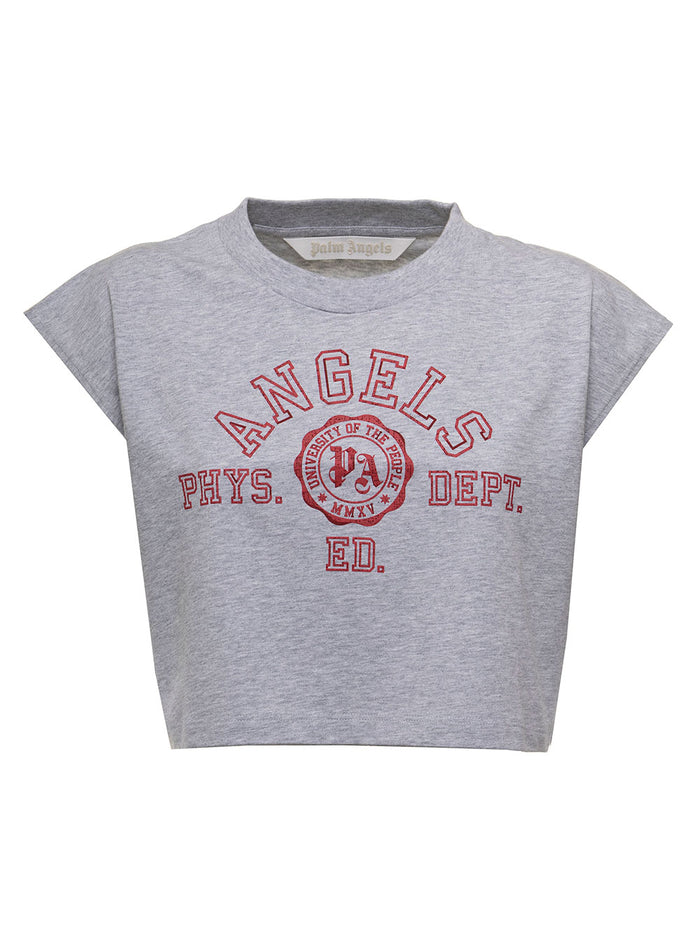 Palm Angelsn Womans Cropped Grey Cotton T-Shirt With Print Tshirts And Polo Shirts