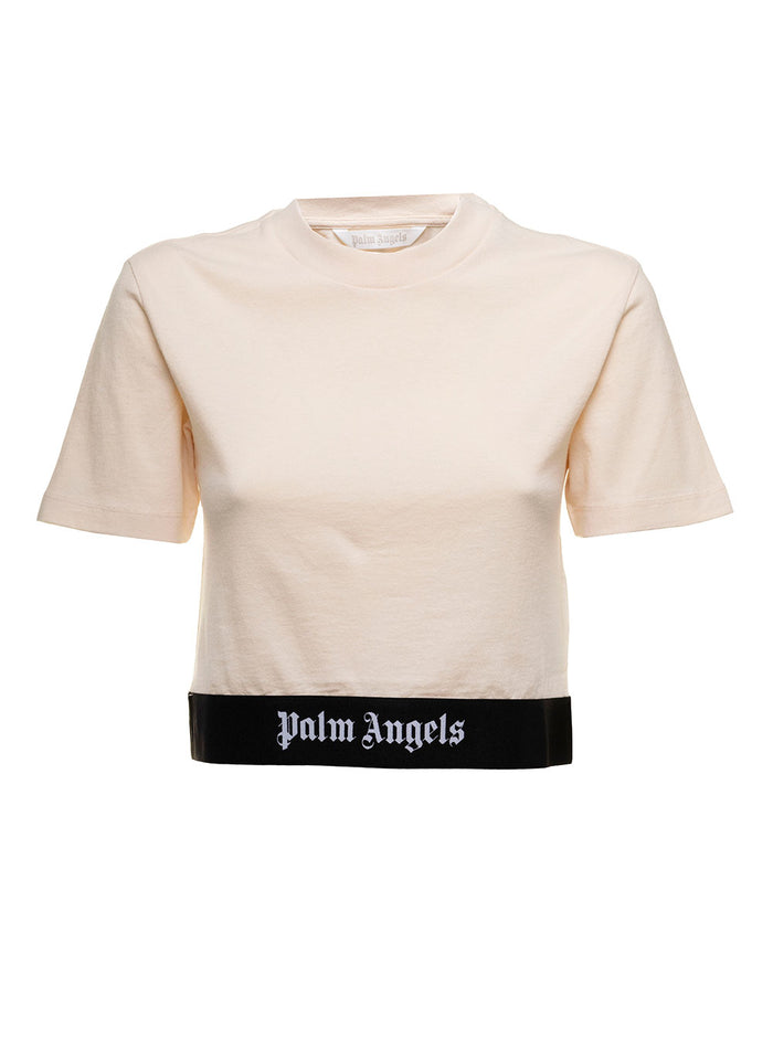 Palm Angels Womans Cropped Cotton T-Shirt With Logotape Pink Tshirts And Polo Shirts
