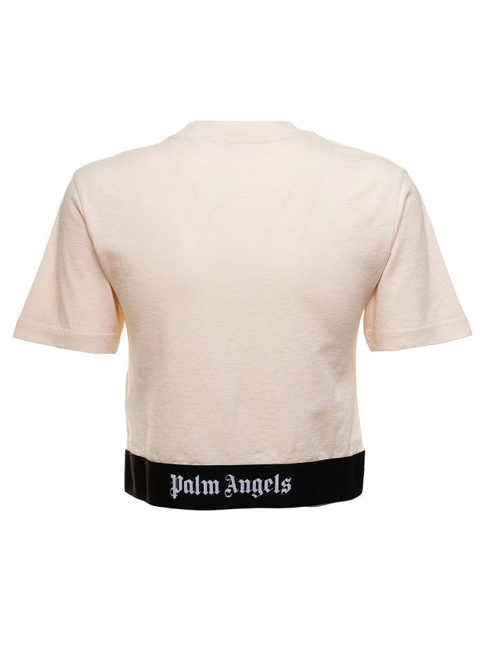 Palm Angels Womans Cropped Cotton T-Shirt With Logotape Pink Tshirts And Polo Shirts