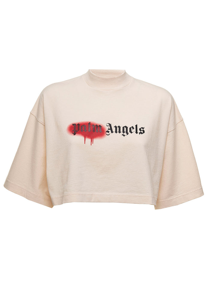 Palm Angels Womans Cropped Cotton T-Shirt With Logo Print White Tshirts And Polo Shirts