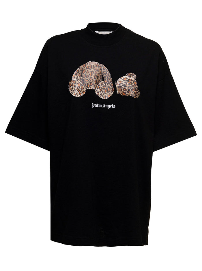 Palm Angels Woman S Black Jersey T-Shirt With Leopard Bear Print Cotton Tshirts And Polo Shirts