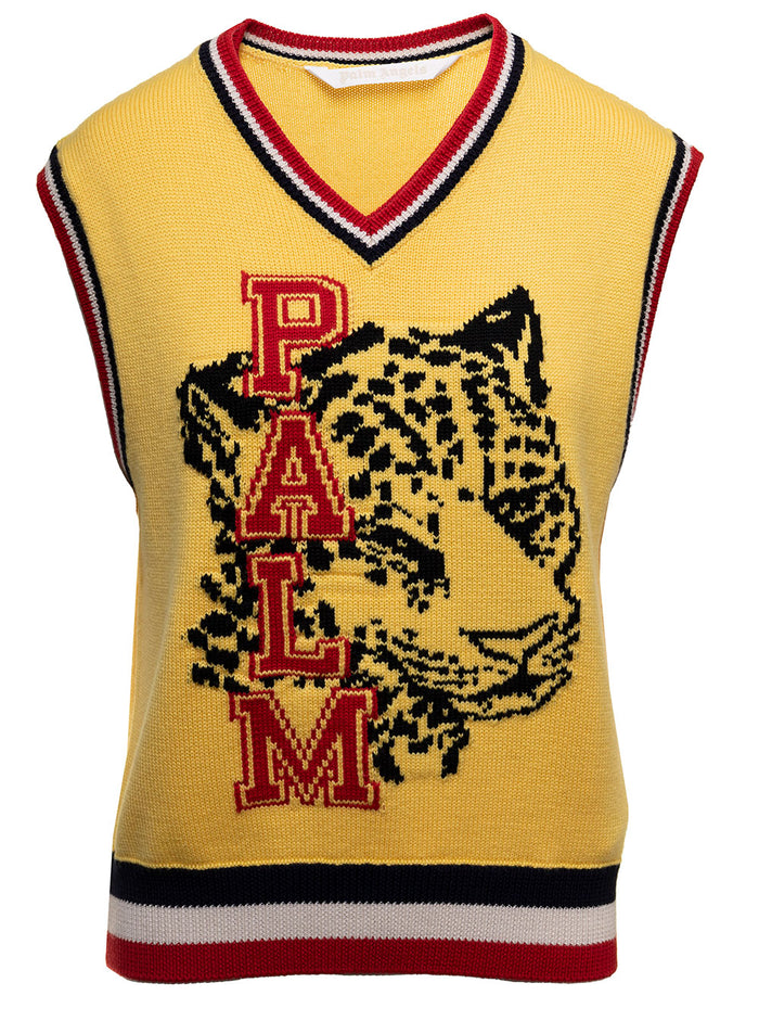 Palm Angels Womans Yellow Wool Jaguar Vest Virgin Blazers