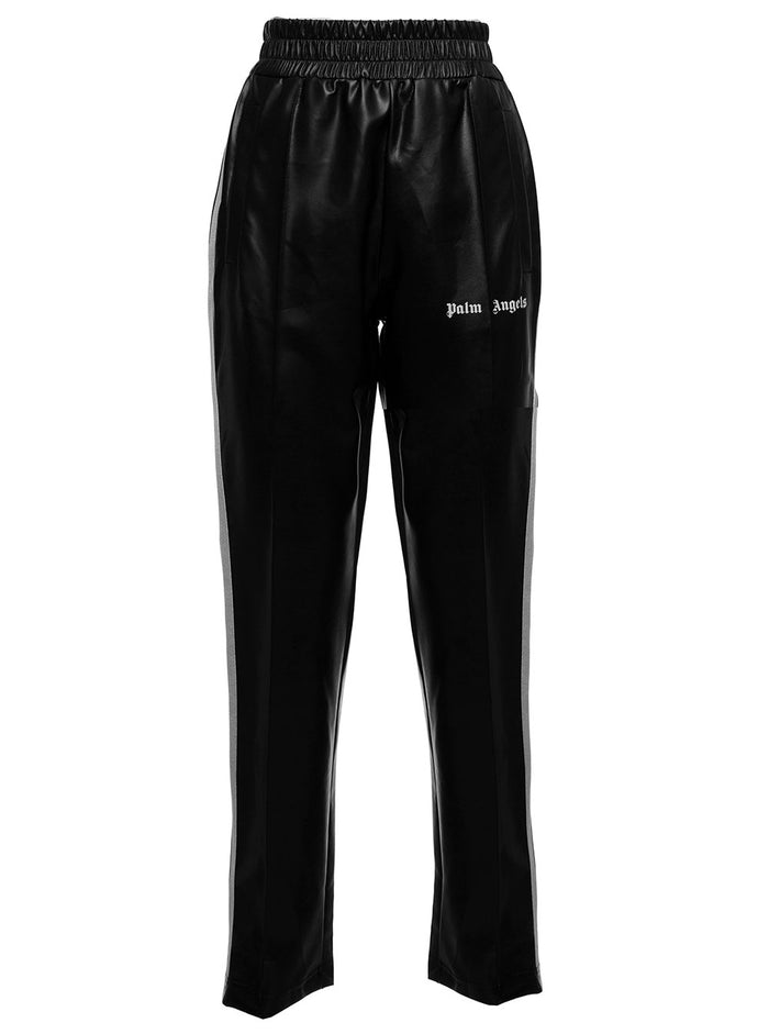 Palm Angels Womans Track Black Leatheret Pants With Logo Trousers