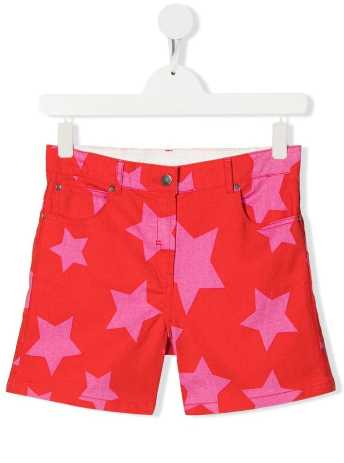 Stella Mccartney Kids Girls Red And Pink Cotton Shorts With Stars Print Elastane Bermuda