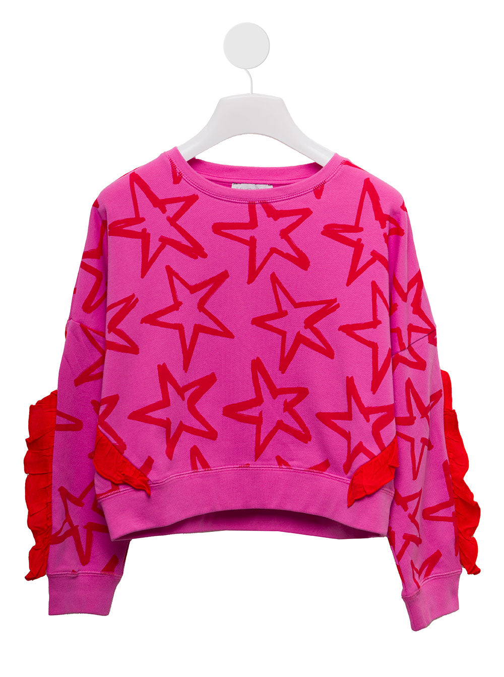 Stella Mc Cartney Kids Girls Pink Sweatshirt With Stars Print And Ruffles Details Fuxia Cotton Sweatshirts