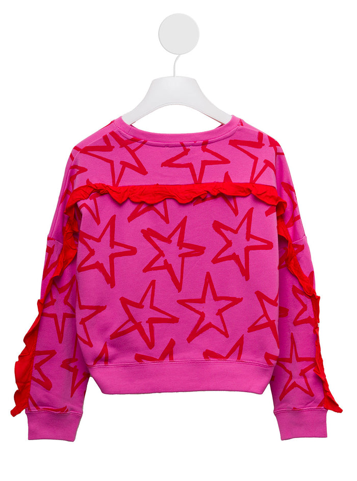 Stella Mc Cartney Kids Girls Pink Sweatshirt With Stars Print And Ruffles Details Fuxia Cotton Sweatshirts