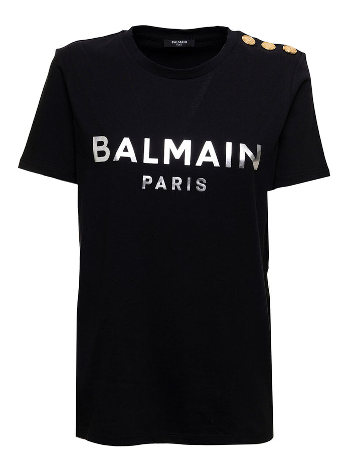 Balmain Womans Black Cotton T-Shirt With Logo Print Tshirts And Polo Shirts