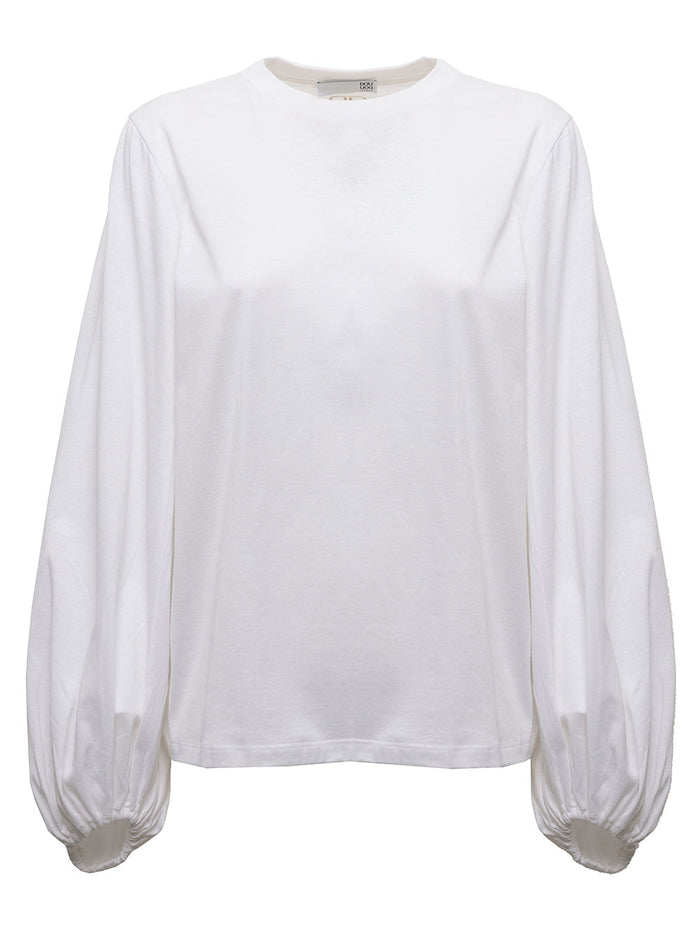 Douuod Womans White Cotton Blouse With Balloon Sleeves Jersey