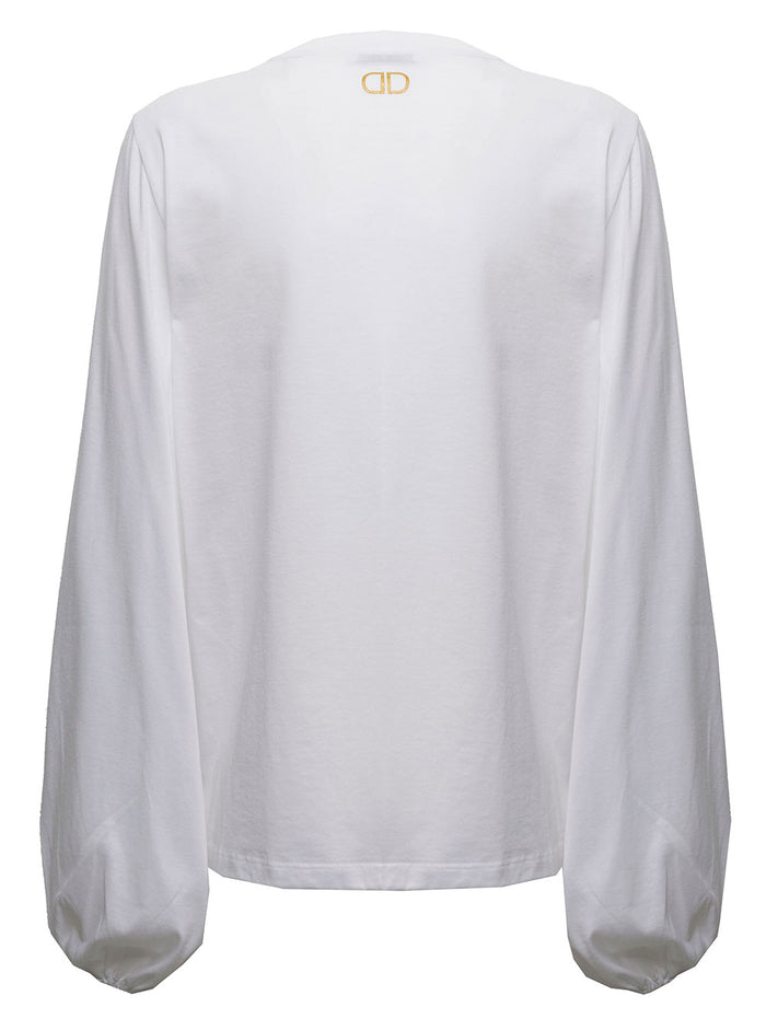 Douuod Womans White Cotton Blouse With Balloon Sleeves Jersey