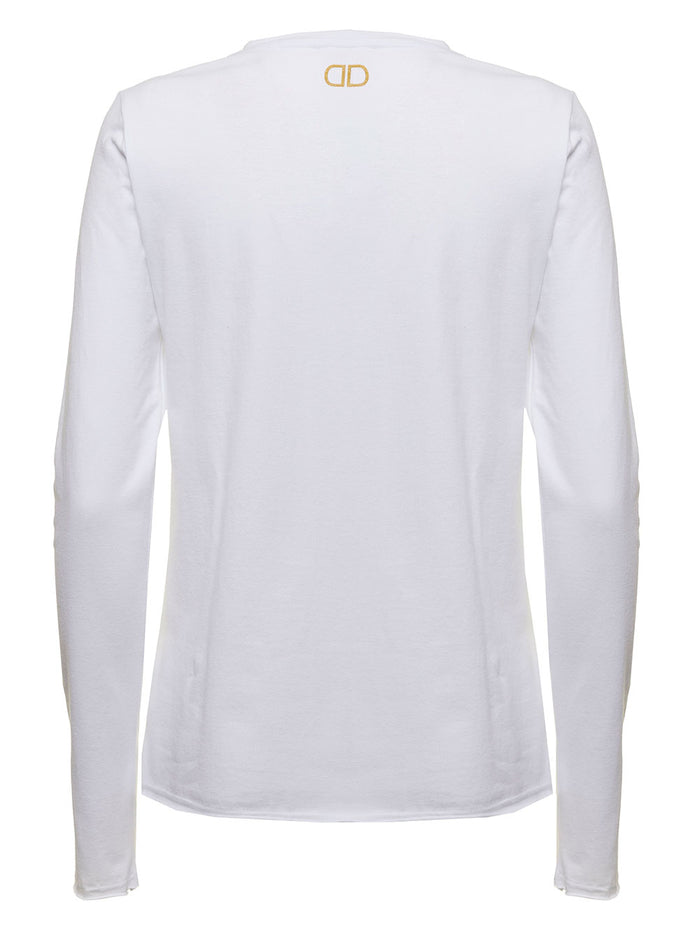 Douuod Womans White Cotton Long Sleeve T-Shirt Elastane Tshirts And Polo Shirts
