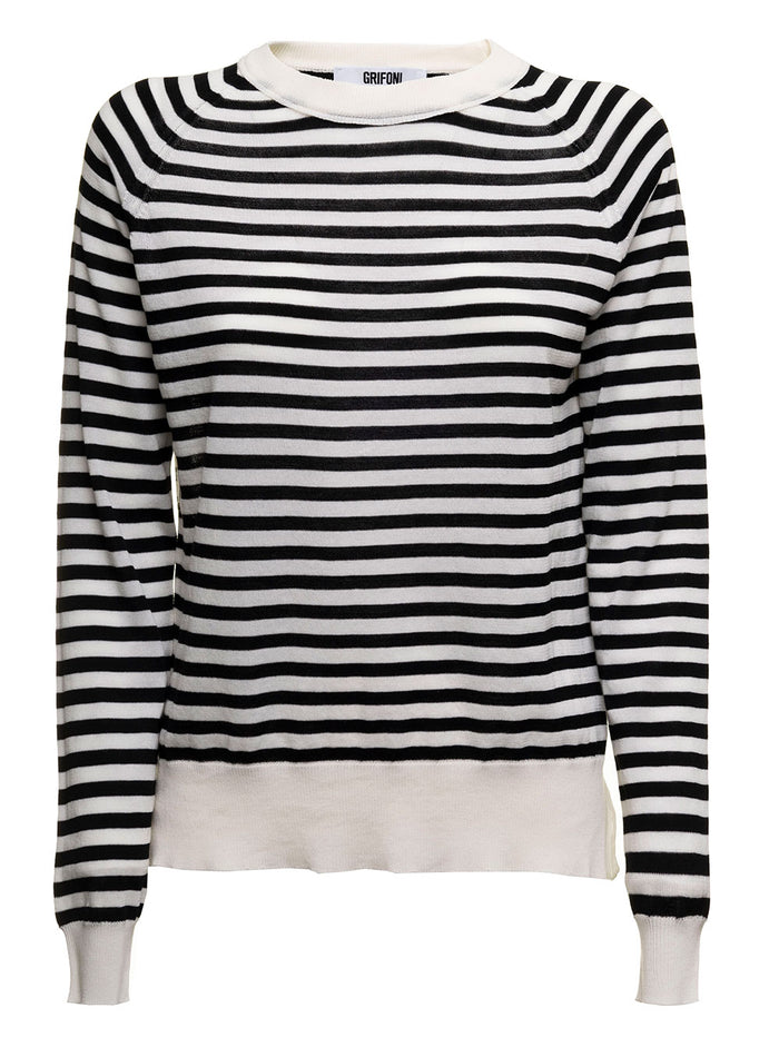 Womens Grifoni Striped Cotton Crew Neck Sweater White Jersey