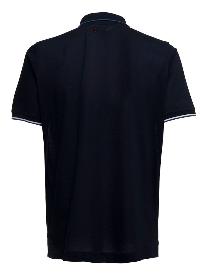 Kiton Mans Blue Piquet Cotton Polo Shirt Blu Tshirts And