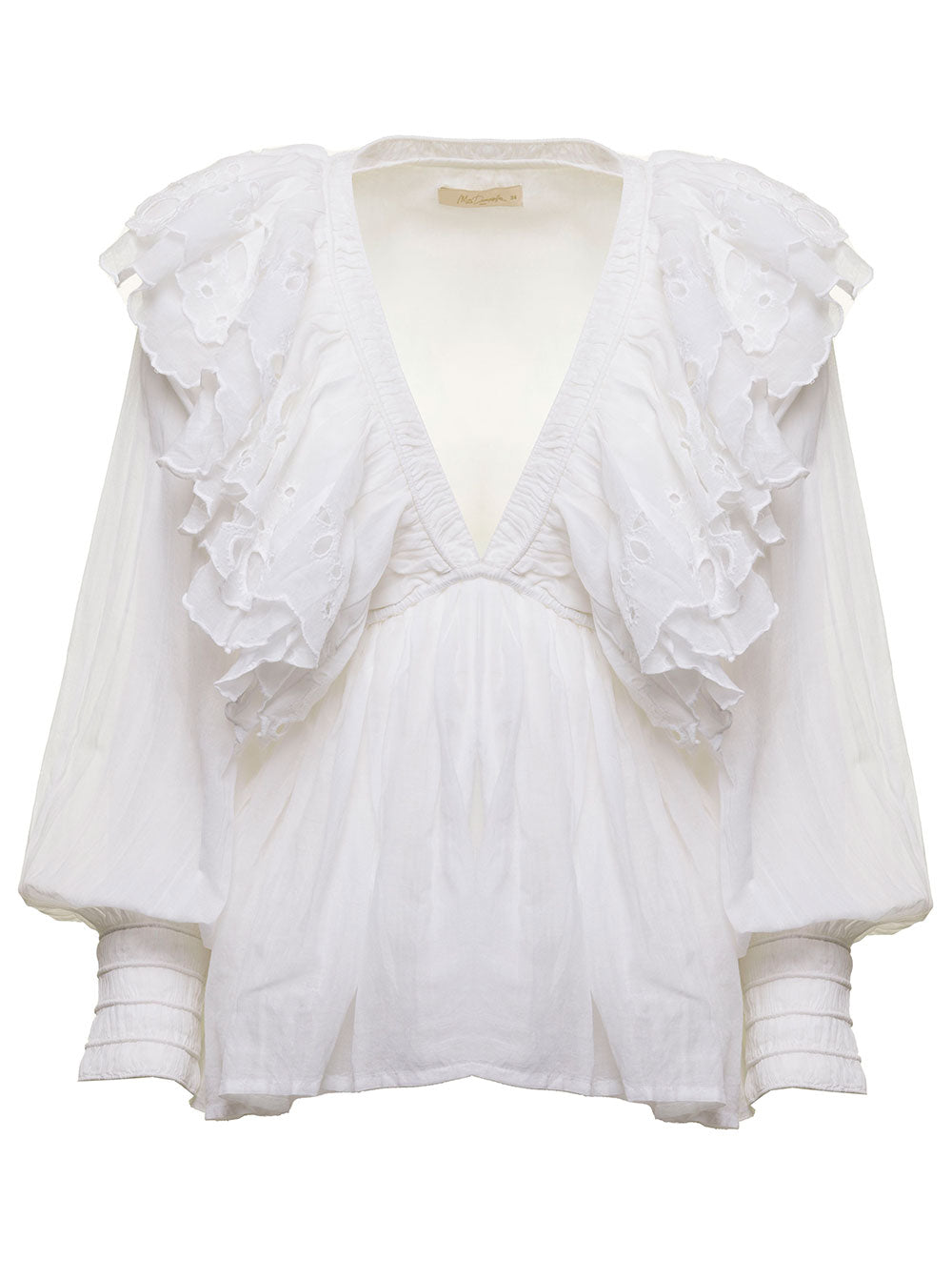 Mes Demoiselles Womans White Cotton Blouse With Flounces Shirts And Blouses
