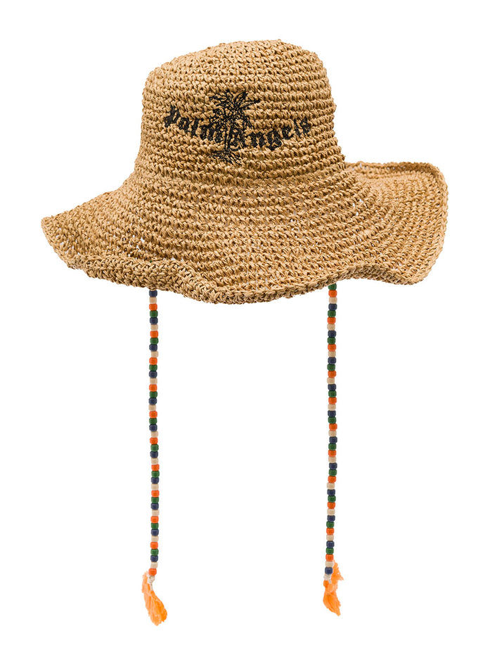 Palm Angels Womans Isalnd Beige Raffia Hat With Beaded Laces Straw Paper And Gloves