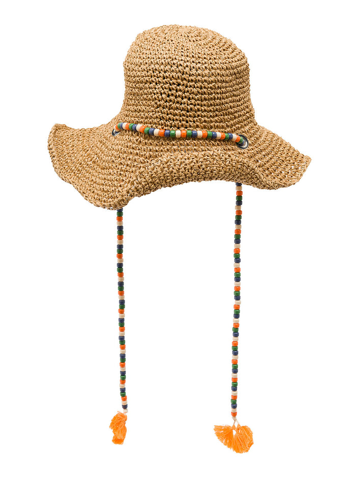 Palm Angels Womans Isalnd Beige Raffia Hat With Beaded Laces Straw Paper And Gloves