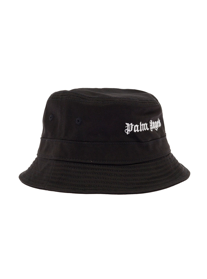 Palm Angels Womans Black Cotton Bucket Hat With Classic Logo And Gloves