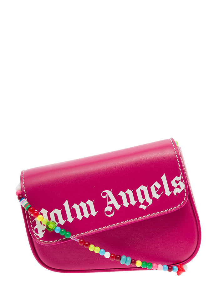 Palm Angels Womans Pink Leather Crossbody Bag With Logo And Shoulder Strap Beads Calf