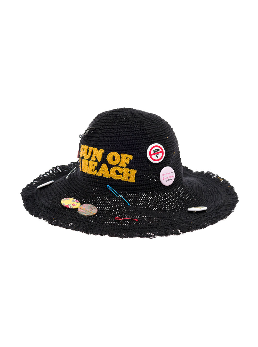 Palm Angels Womans Sun Of A Beach Black Straw Hat With Patch And Brooches Paper Gloves