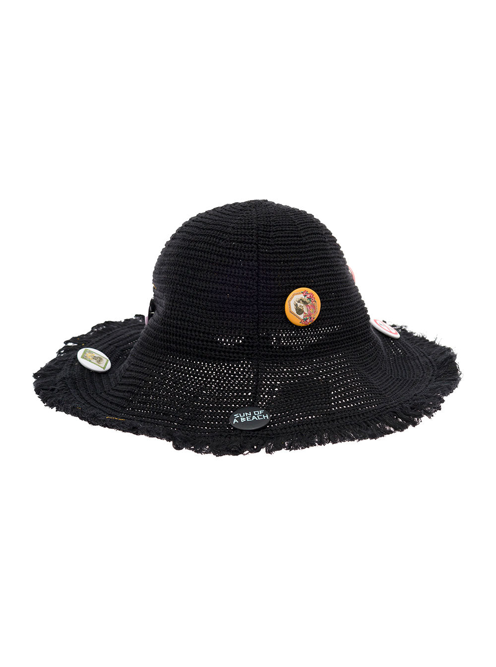 Palm Angels Womans Sun Of A Beach Black Straw Hat With Patch And Brooches Paper Gloves
