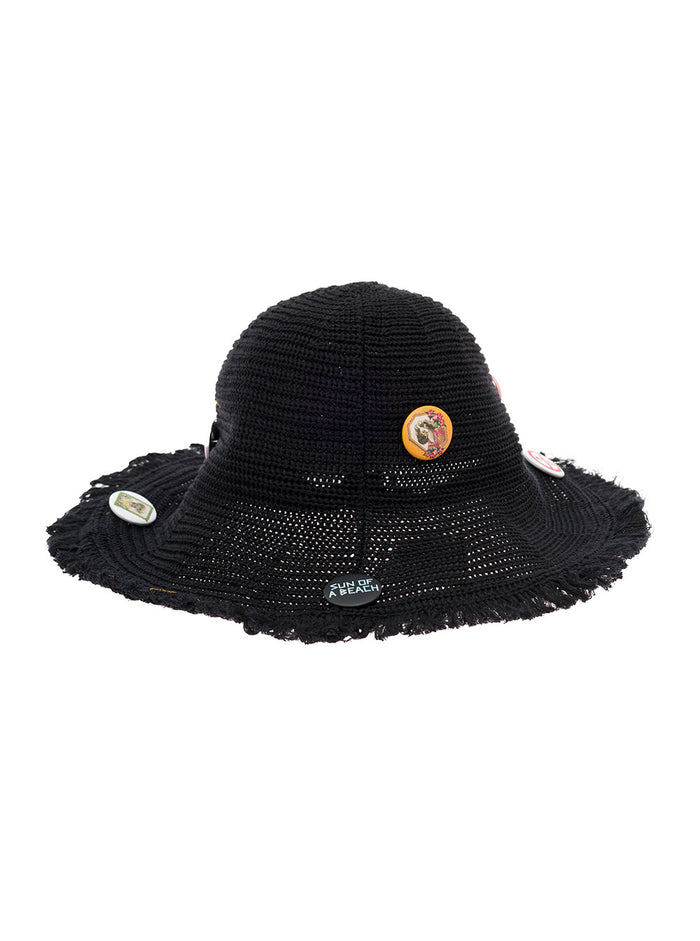 Palm Angels Womans Sun Of A Beach Black Straw Hat With Patch And Brooches Paper Gloves