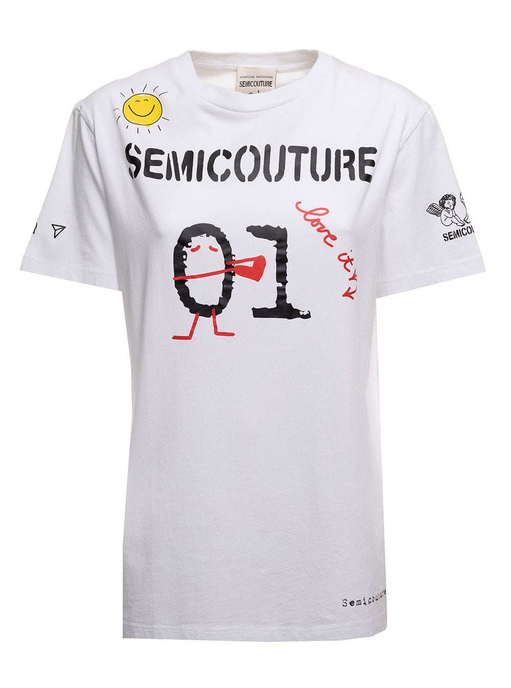 Semicouture Womans White Cotton T-Shirt With Logo Print Tshirts And Polo Shirts