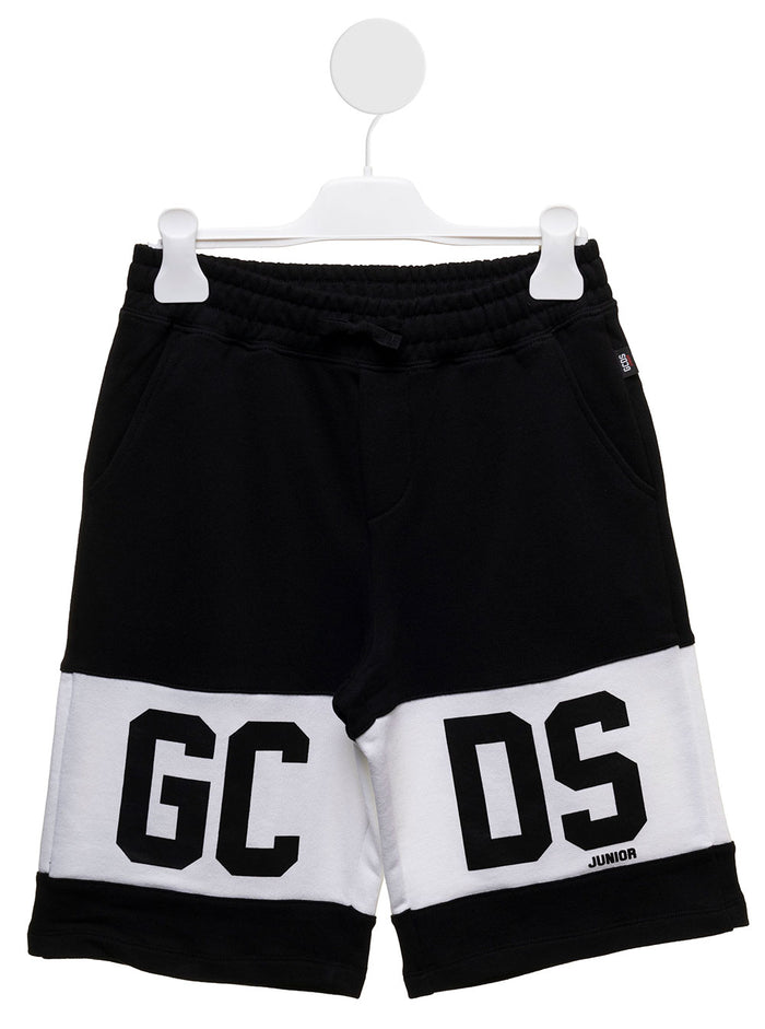 Gcds Kids Boys Black And White Cotton Bermuda Shorts With Logo