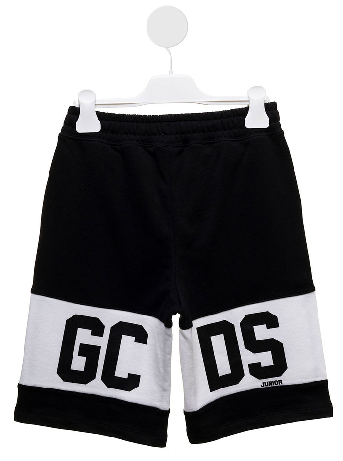 Gcds Kids Boys Black And White Cotton Bermuda Shorts With Logo