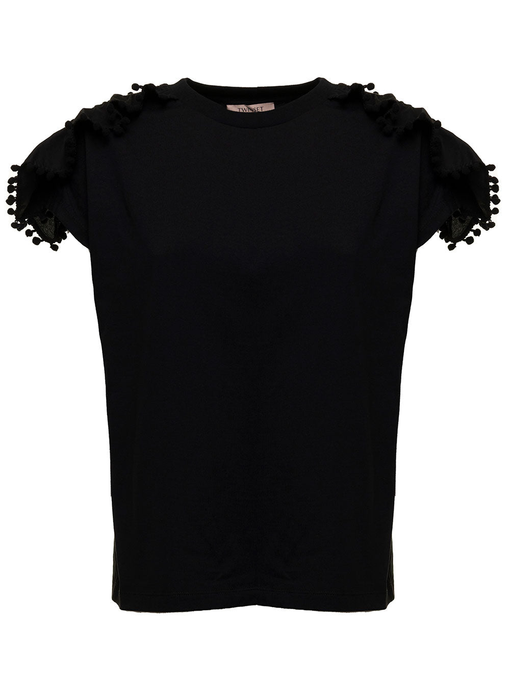 Twin Set Womans Black Cotton T-Shirt With Cap Sleeves And Tassels Tshirts Polo Shirts