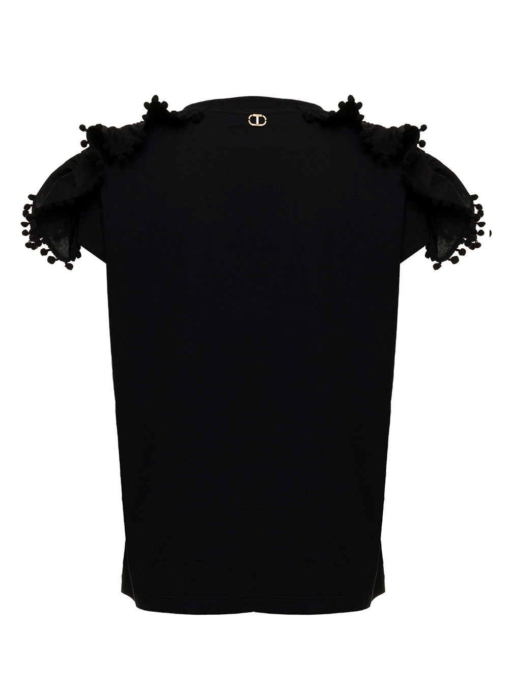 Twin Set Womans Black Cotton T-Shirt With Cap Sleeves And Tassels Tshirts Polo Shirts
