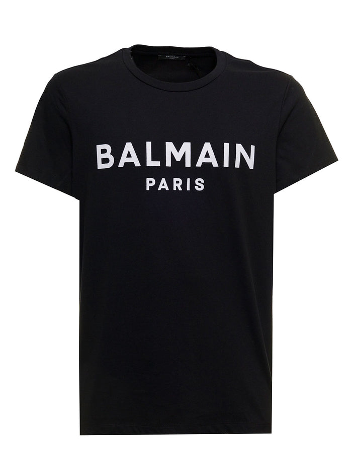 Balmain Mans Black Cotton T-Shirt With Flocked Logo Tshirts And Polo Shirts