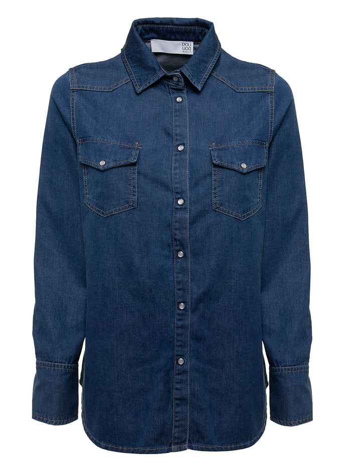Douuod Womans Blue Denim Shirt With Pockets Blu And Blouses