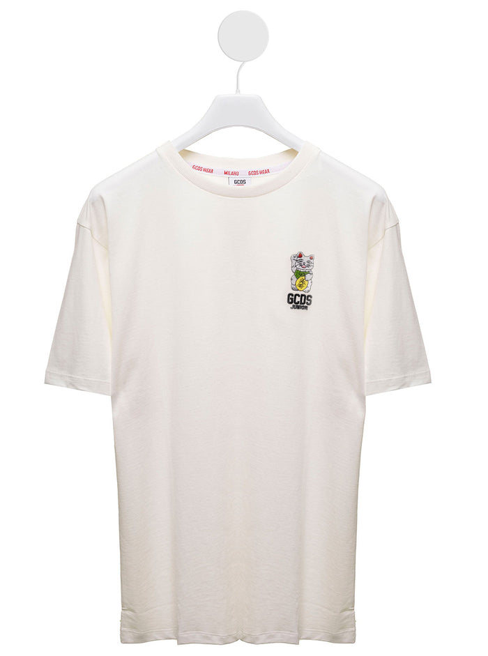 Gcds Kids Boys White Cotton T-Shirt With Logo Patch Elastane Tshirts And Polo Shirts