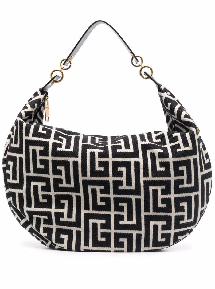 Balmain Woman S Hobo Monogram Black And White Fabric Shoulder Bag Cotton Polyester