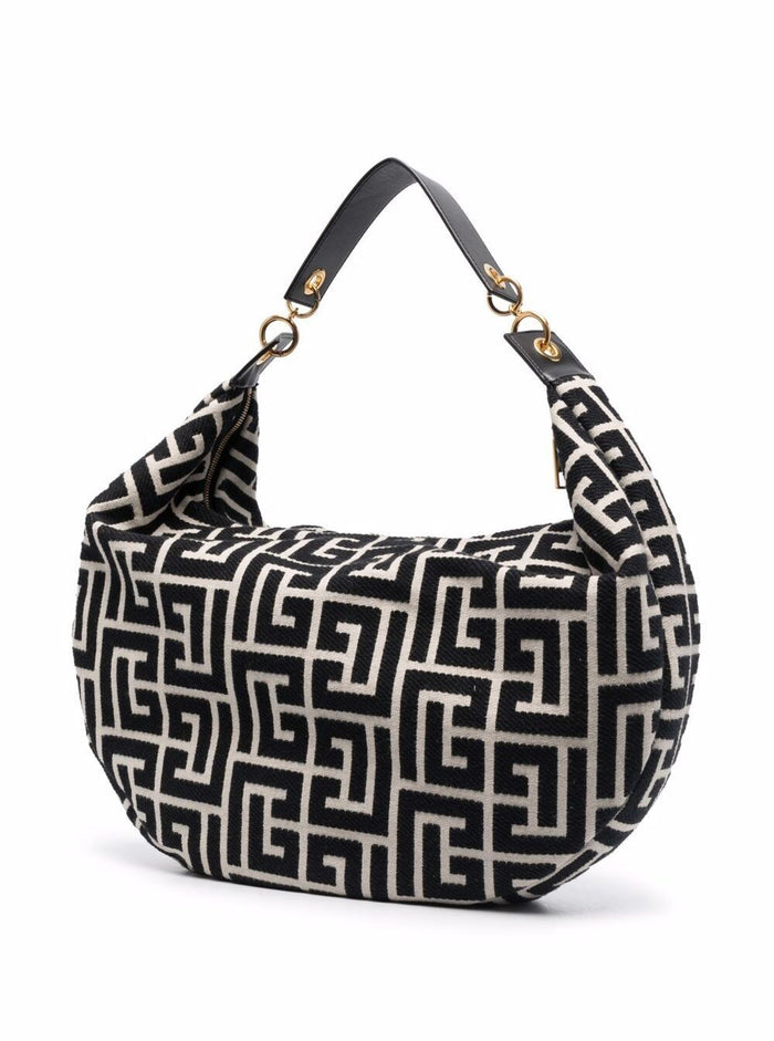 Balmain Woman S Hobo Monogram Black And White Fabric Shoulder Bag Cotton Polyester