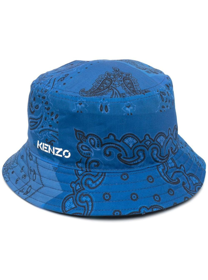 Kenzo Mans Blue Nylon Bucket Hat With Bandana Print Logo Blu And Gloves