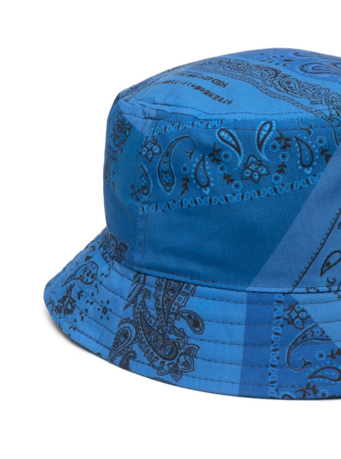 Kenzo Mans Blue Nylon Bucket Hat With Bandana Print Logo Blu And Gloves