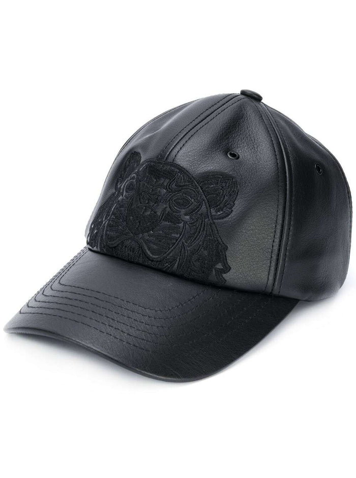 Kenzo Mans Black Leather Hat With Tiger Logo Embroidery Bovine And Gloves