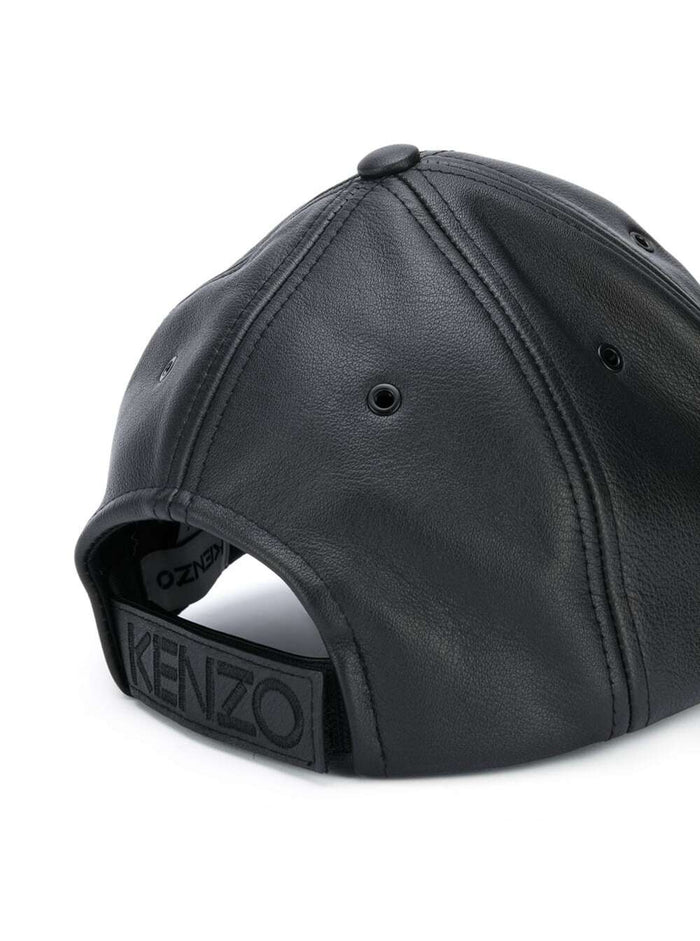 Kenzo Mans Black Leather Hat With Tiger Logo Embroidery Bovine And Gloves