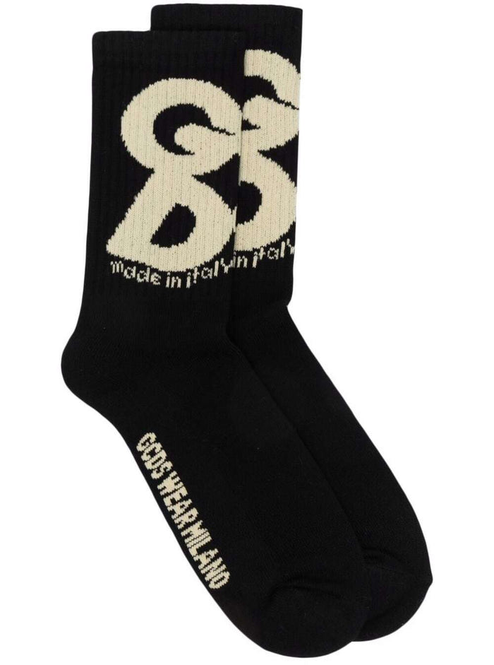 Gcds Mans Andy Black Cotton Socks With Logo Polyester Elastane Underwear