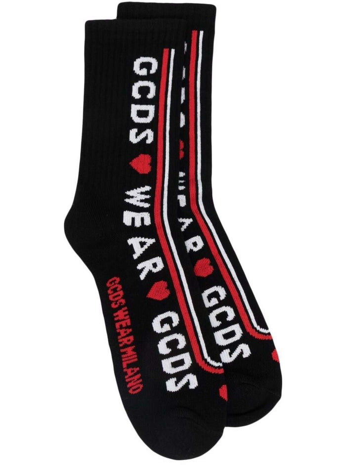 Gcds Mans Cute Tape Cotton Socks With Logo Black Polyester Elastane Underwear