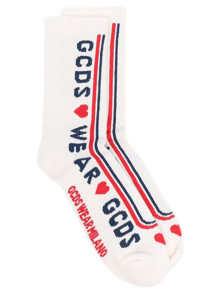 Gcds Mans Cute Tape Cotton Socks With Logo White Polyester Elastane Underwear
