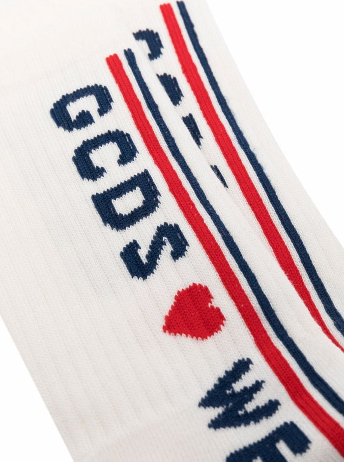 Gcds Mans Cute Tape Cotton Socks With Logo White Polyester Elastane Underwear