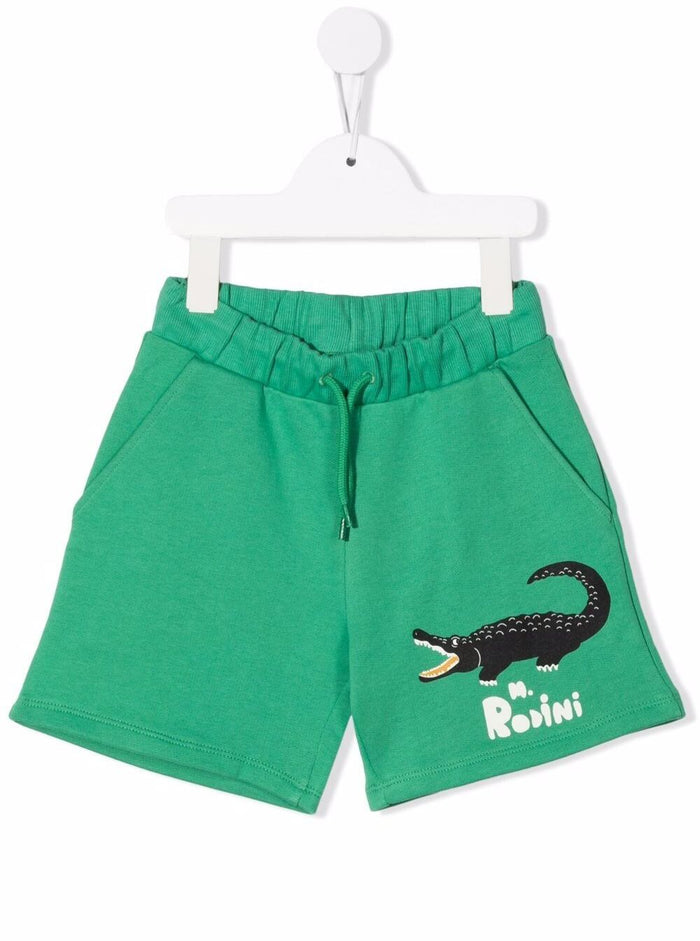 Mini Rodini Kids Boys Green Organic Cotton Shorts With Crocodile Print And Bermuda