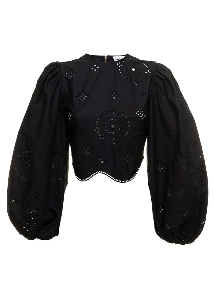 Ganni Womans Broderie Anglaise Openwork Organic Cotton Black Blouse Shirts And Blouses