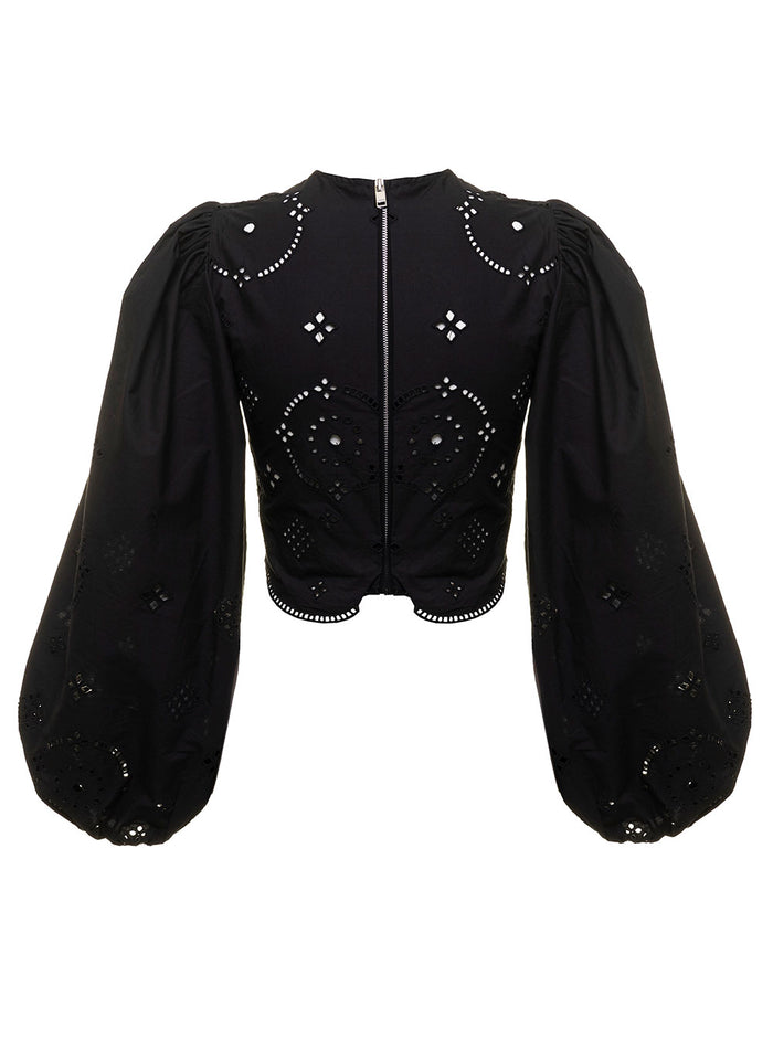 Ganni Womans Broderie Anglaise Openwork Organic Cotton Black Blouse Shirts And Blouses