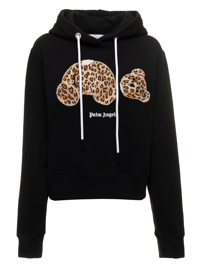 Palm Angels Woman S Black Cotton Hoodie With Leopard Bear Print Sweatshirts